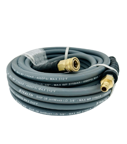 Stealth Jetwash 50ft x 3/8" ID Pressure Washer Hose with Quick Connects, 4000 PSI, Non-marking, Gray